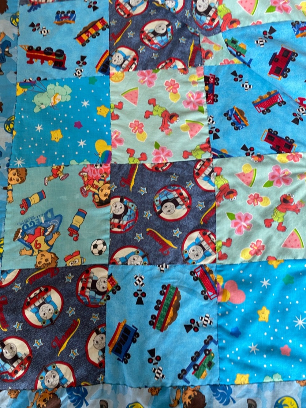 Handmade Patchwork Kids Quilt - Blue Tone - Elmo, Thomas, Diego, Care Bears